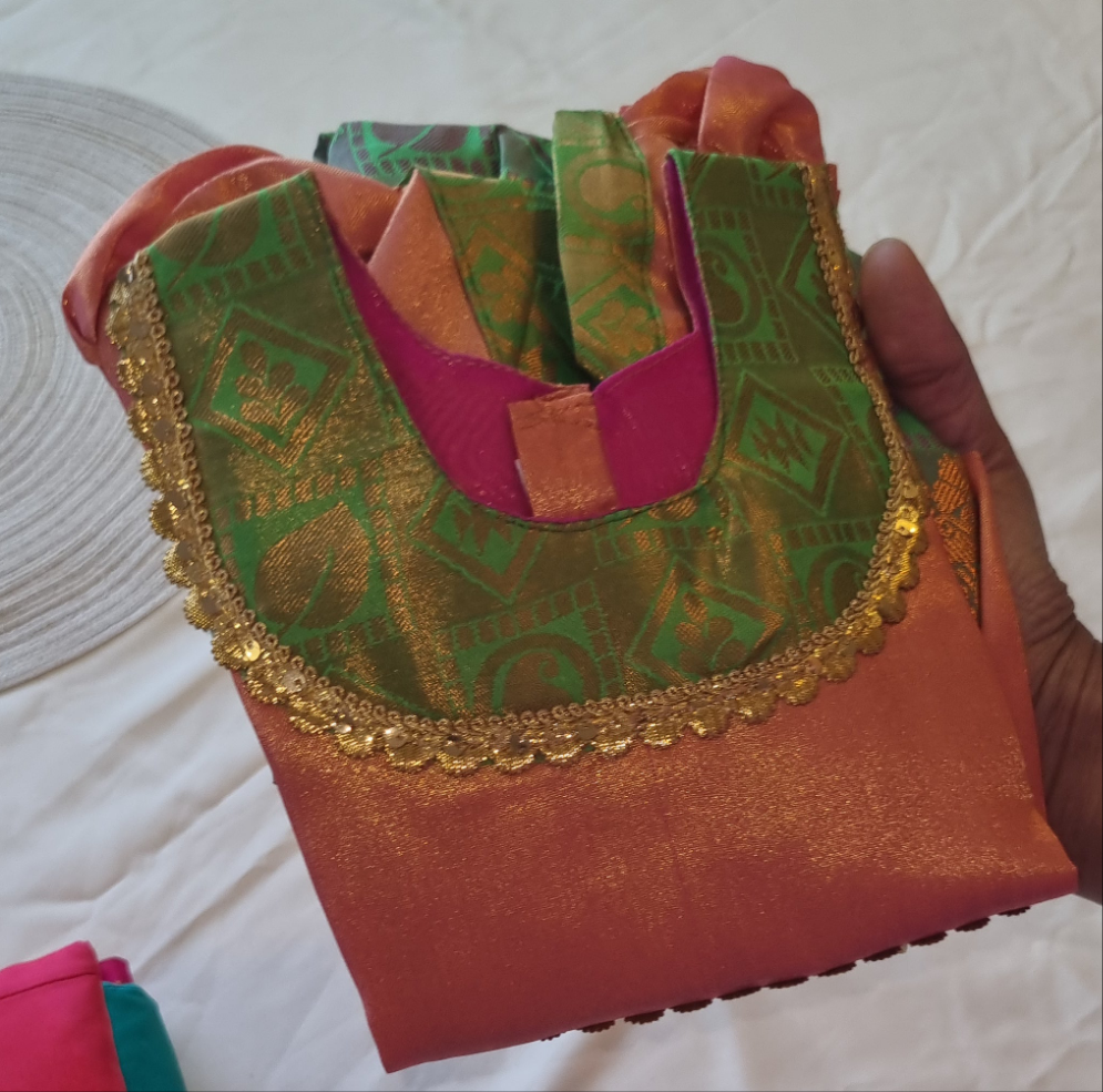 Premium pavada set for baby girls 0–1Y – silk blouse, frock & pavada with soft cotton lining.