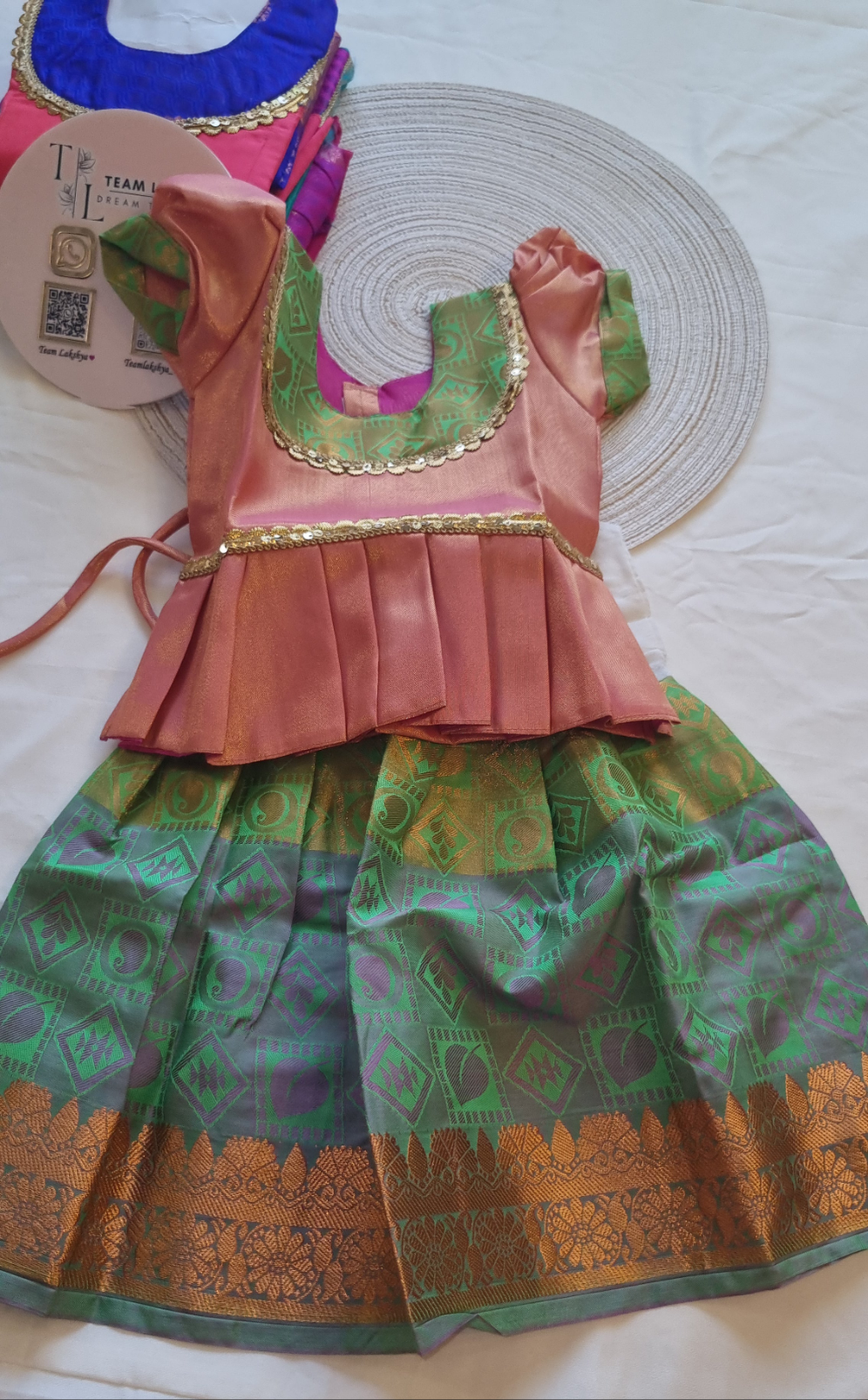 Premium pavada set for baby girls 0–1Y – silk blouse, frock & pavada with soft cotton lining.